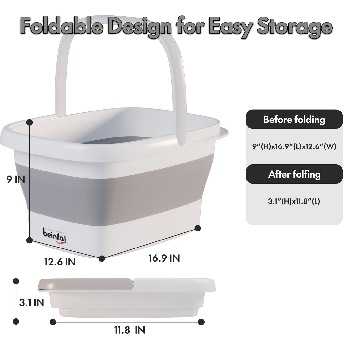 Beinilai Collapsible Foot Bath basin with Massage Bumps for Soaking Feet,Foot Soak Tub with Handle,Multifunctional Plastic Foot Bucket-Grey