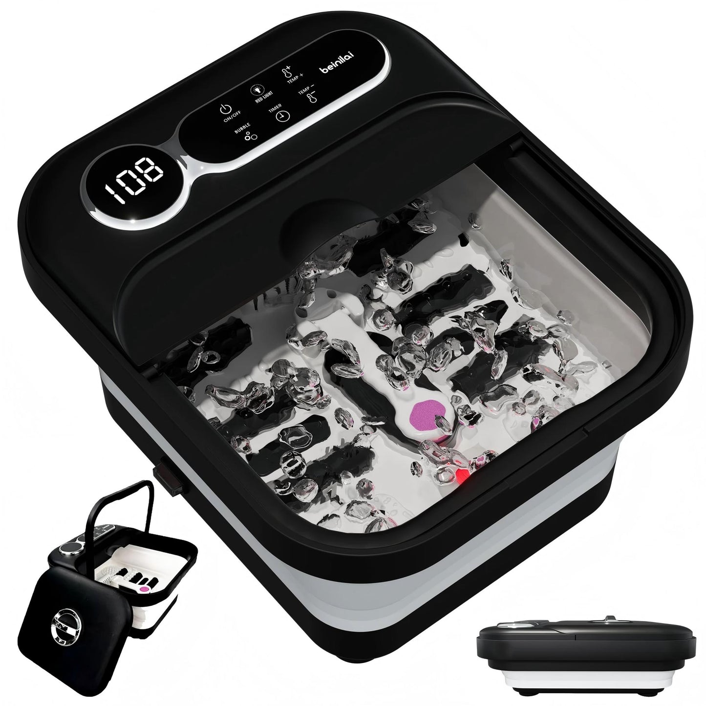 Beinilai Collapsible Foot Spa Bath Massage with Heat,Temperature Control,6 Massage Roller and Bubble,Foot Bath with Removable Pedicure Stone for Care Your Feet--Black