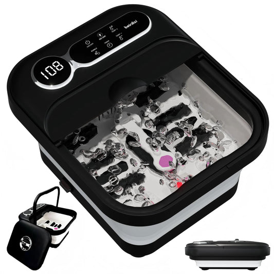 Beinilai Collapsible Foot Spa Bath Massage with Heat,Temperature Control,6 Massage Roller and Bubble,Foot Bath with Removable Pedicure Stone for Care Your Feet--Black