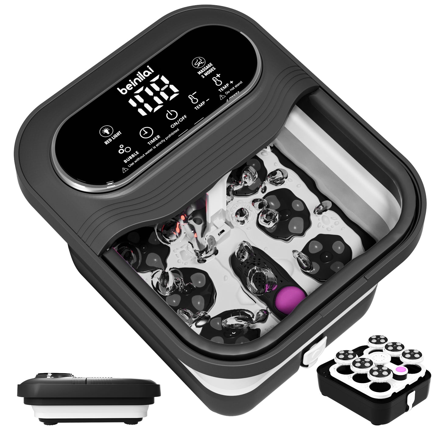 Beinilai Collapsible Foot Spa Electric Rotary Massage,Foot Bath with Heat,Tem Control,Bubbles, and 24 Motorized Shiatsu Massage Balls  for Feet Stress Relief-Black