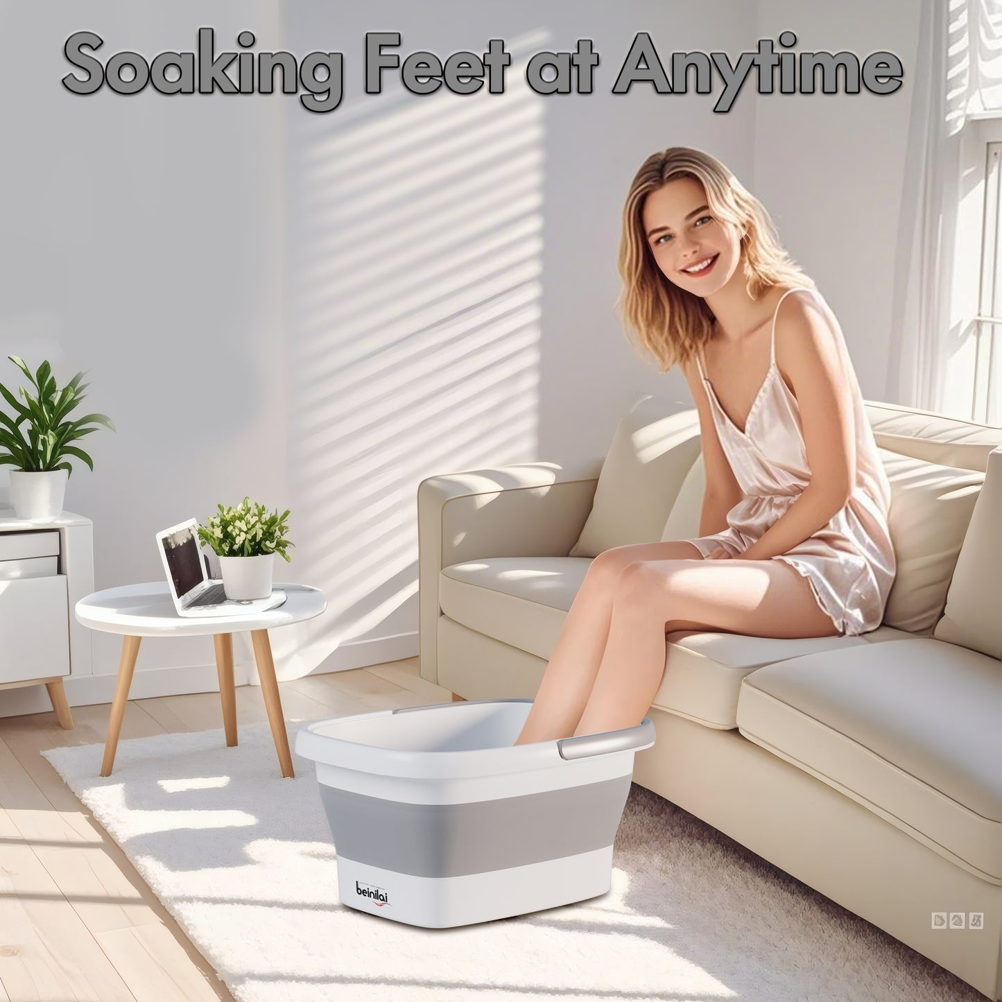 Beinilai Collapsible Foot Bath basin with Massage Bumps for Soaking Feet,Foot Soak Tub with Handle,Multifunctional Plastic Foot Bucket-Grey