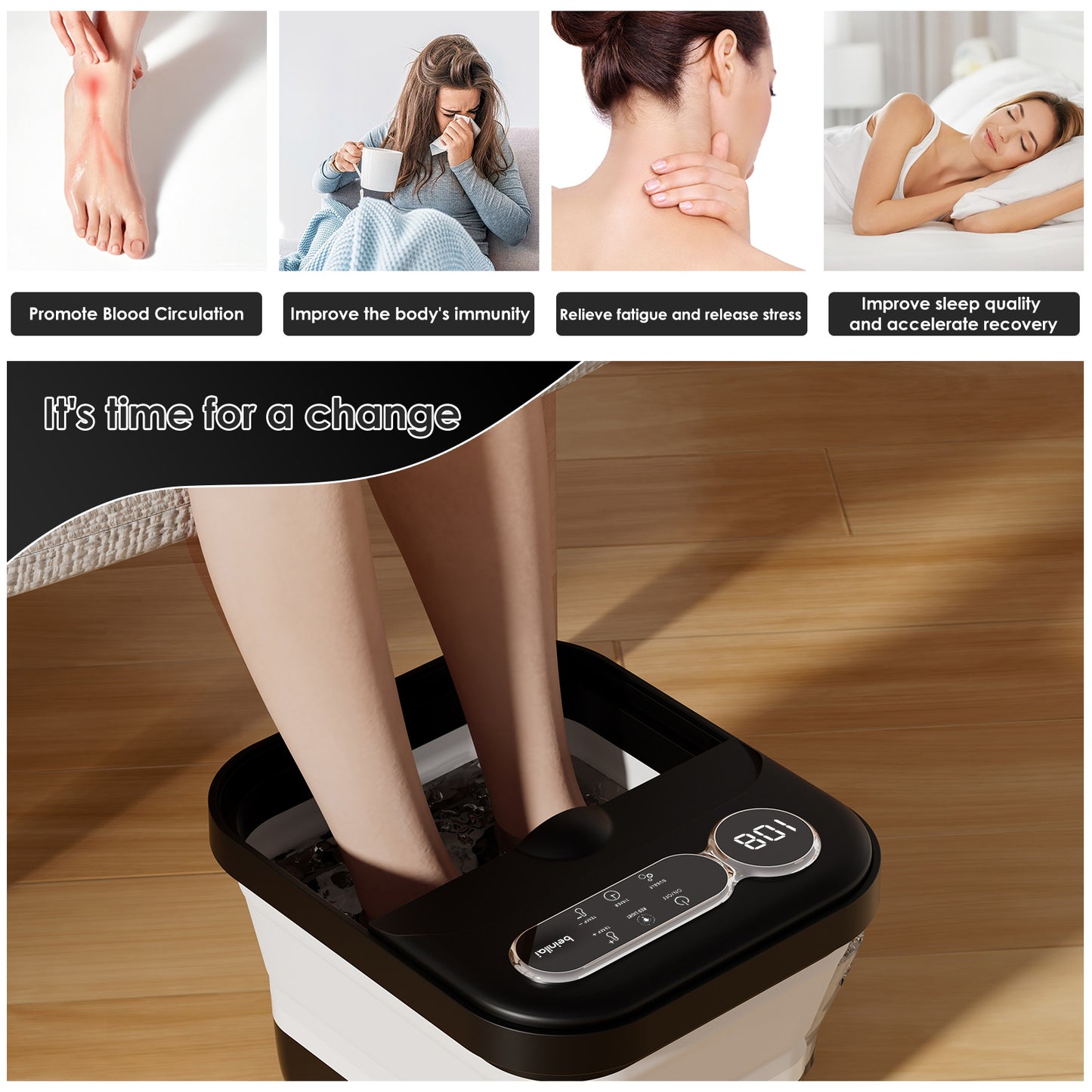 Beinilai Collapsible Foot Spa Bath Massage with Heat,Temperature Control,6 Massage Roller and Bubble,Foot Bath with Removable Pedicure Stone for Care Your Feet--Black