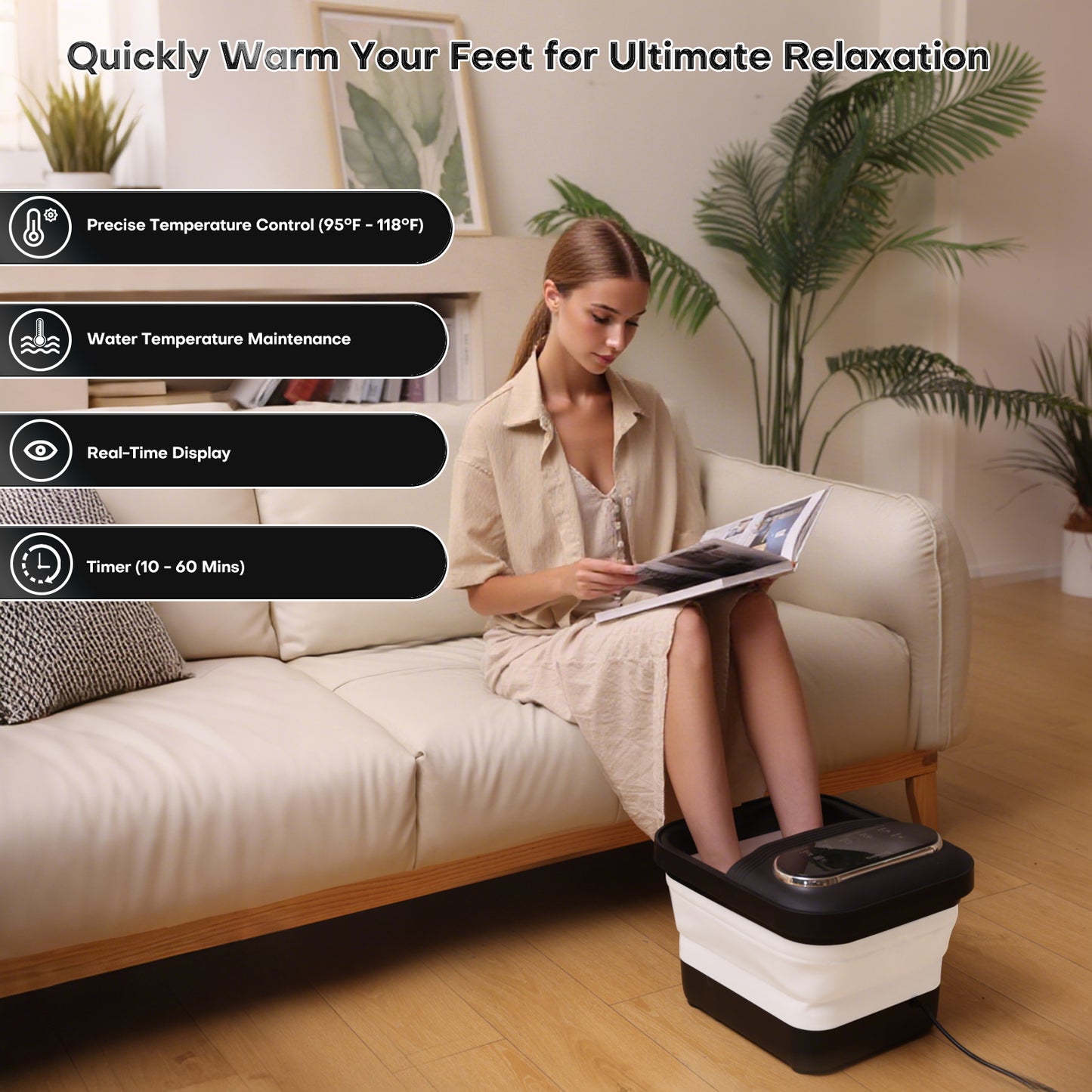 Beinilai Collapsible Foot Spa Electric Rotary Massage,Foot Bath with Heat,Tem Control,Bubbles, and 24 Motorized Shiatsu Massage Balls  for Feet Stress Relief-Black