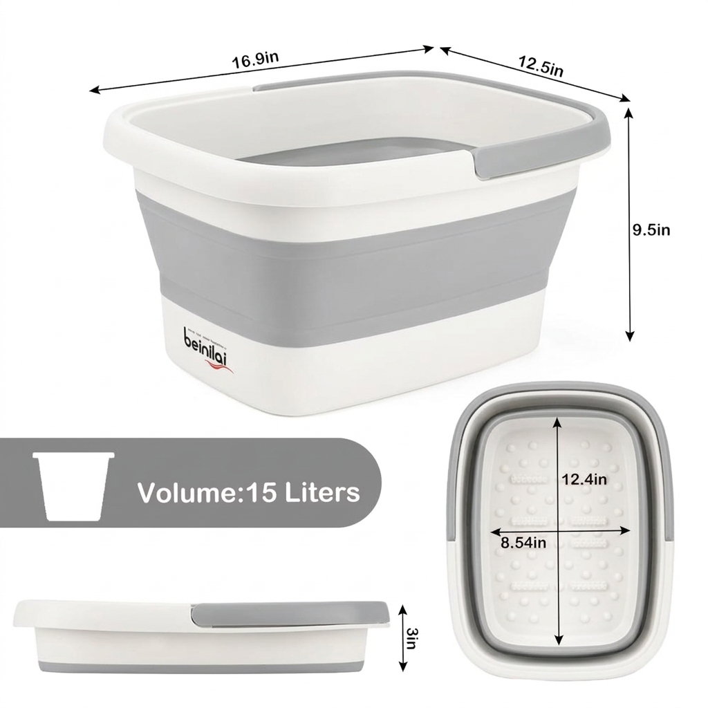 Beinilai Collapsible Foot Bath Basin for Soaking Feet,Foot Soak Tub,Plastic Foot Bucket with Handles and Massage Acupoint,Foldable Laundry Basket-Gery