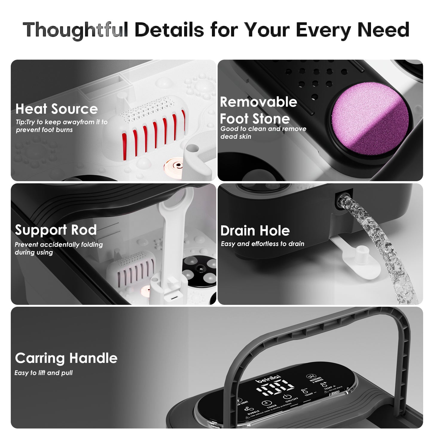 Beinilai Collapsible Foot Spa Electric Rotary Massage,Foot Bath with Heat,Tem Control,Bubbles, and 24 Motorized Shiatsu Massage Balls  for Feet Stress Relief-Black