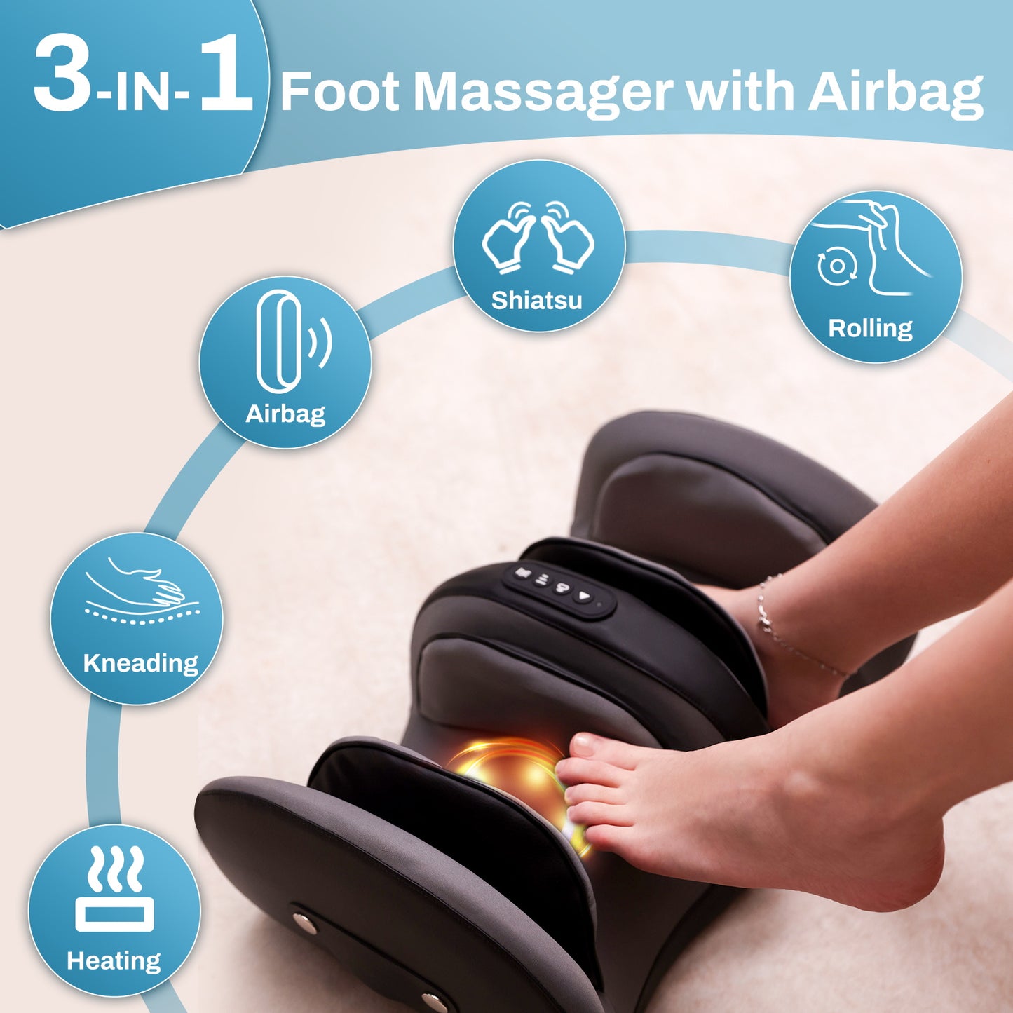 Beinilai Foot Massager with Heat and Remote Control,Electric Shiatsu Deep Kneading and Airbag for Muscle Relaxation ,3D Rotation for Feet, Calf, Ankles--Black