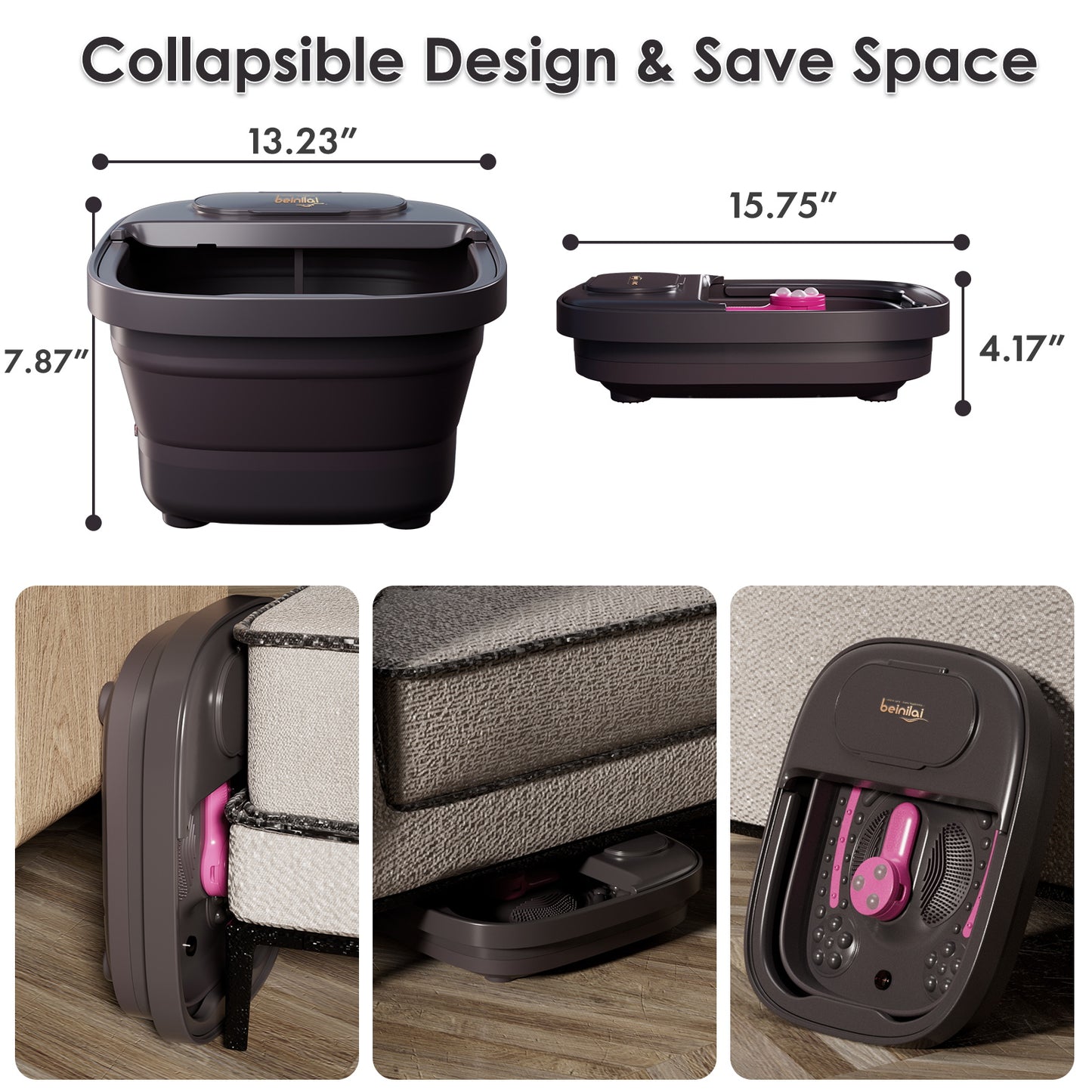 Beinilai Collapsible Foot Spa with Heat and Massage,Foot Bath with 3 Pedicure Attachments, Remote Control,Timer ,Bubbles and Vibration for Care Your Feet (Dark Grey)