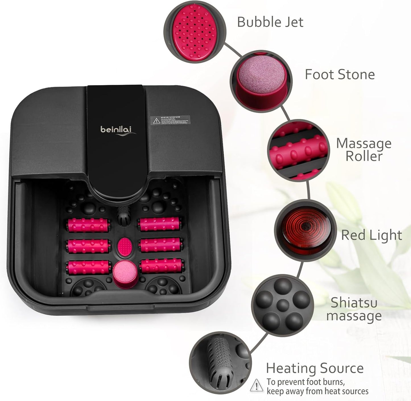 Beinilai Collapsible Foot Spa,Foot Bath with Heat and Massage and Bubble Jets,Foot Soak Tub with Six Non Motorized Foot Rollers,Acupressure Massage Points,Red Light and Removable Pumice Stone