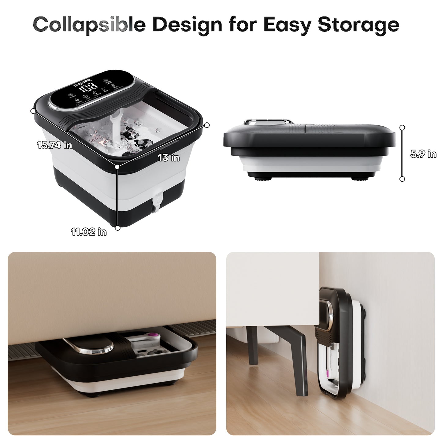 Beinilai Collapsible Foot Spa Electric Rotary Massage,Foot Bath with Heat,Tem Control,Bubbles, and 24 Motorized Shiatsu Massage Balls  for Feet Stress Relief-Black