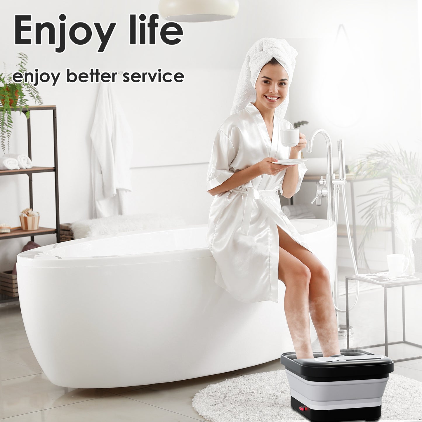 Beinilai Collapsible Foot Spa Bath Massage with Heat,Temperature Control,6 Massage Roller and Bubble,Foot Bath with Removable Pedicure Stone for Care Your Feet--Black