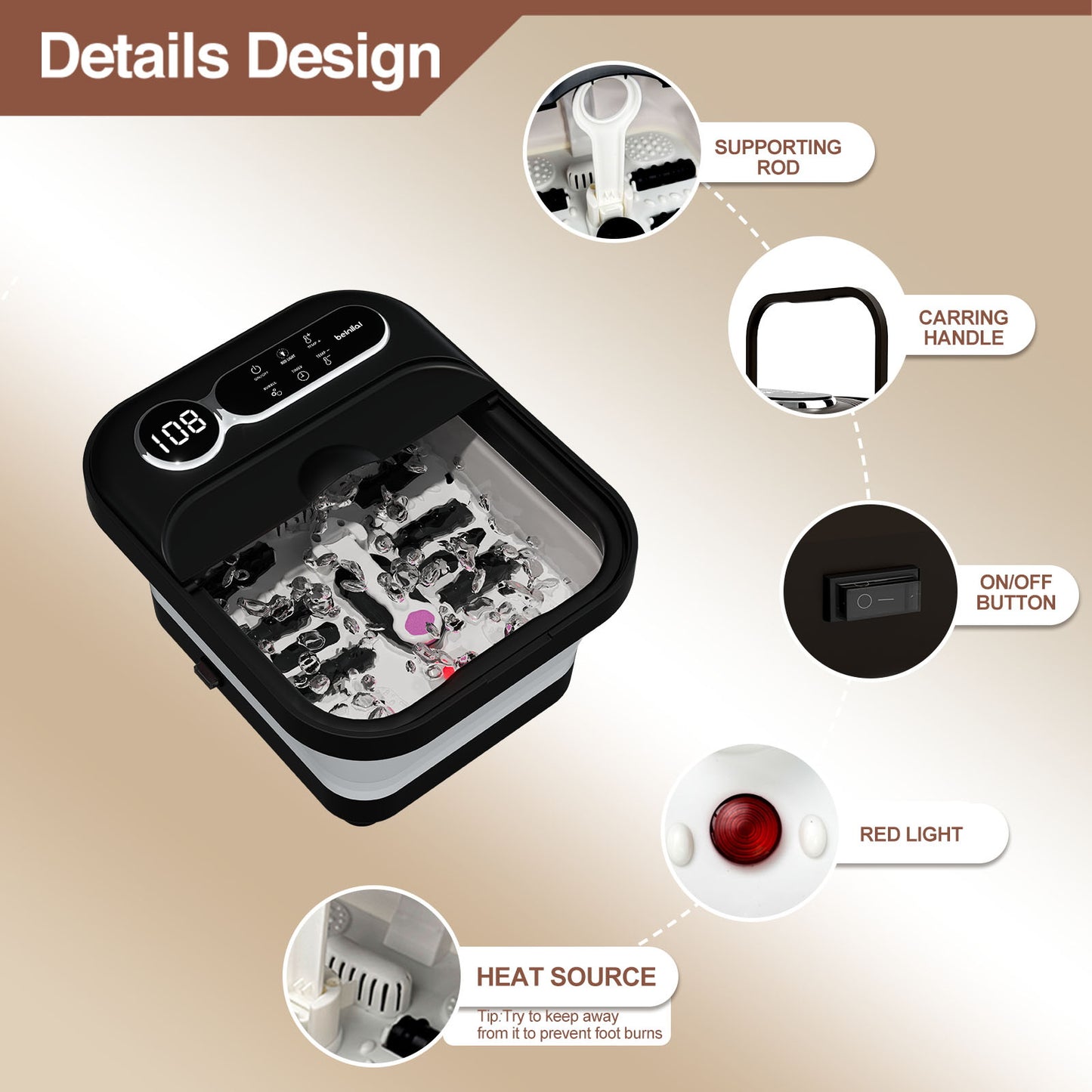 Beinilai Collapsible Foot Spa Bath Massage with Heat,Temperature Control,6 Massage Roller and Bubble,Foot Bath with Removable Pedicure Stone for Care Your Feet--Black